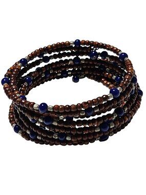 Handmade Coil Bracelet Brown Blue Seed Beaded Multi Strand Boho Retro Fashion